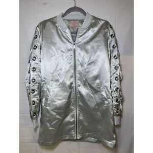 Love Tree‎ Sz. Small Silver Satin Braided Sleeve Zip Up Bomber Jacket W/ Pockets